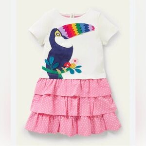 GUC Mini Boden Tiered Skirt Appliqué Dress - Ivory Toucan 3-4